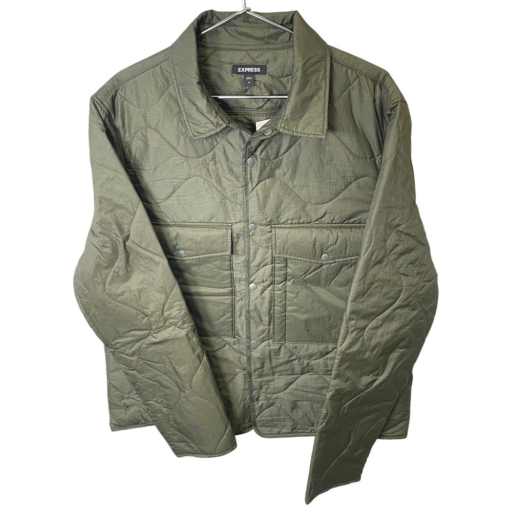 EXPRESS Quilted Puffer Jacket NEW Lightweight Olive Green Snap Button Pockets M - Picture 2 of 7